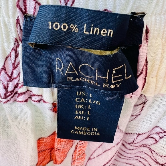 Rachel Roy 100% LINEN Wide Leg Pants Floral Print Elastic Waist Pockets SZ LARGE - Picture 3 of 5